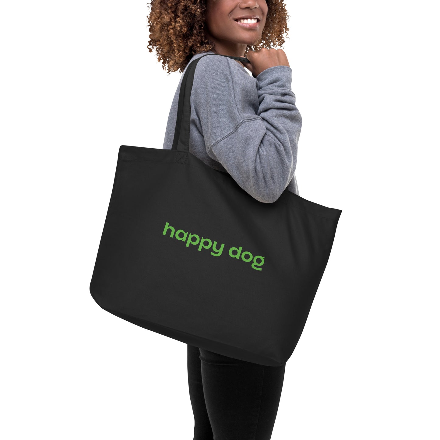 "Happy Dog" Large organic tote bag, green text