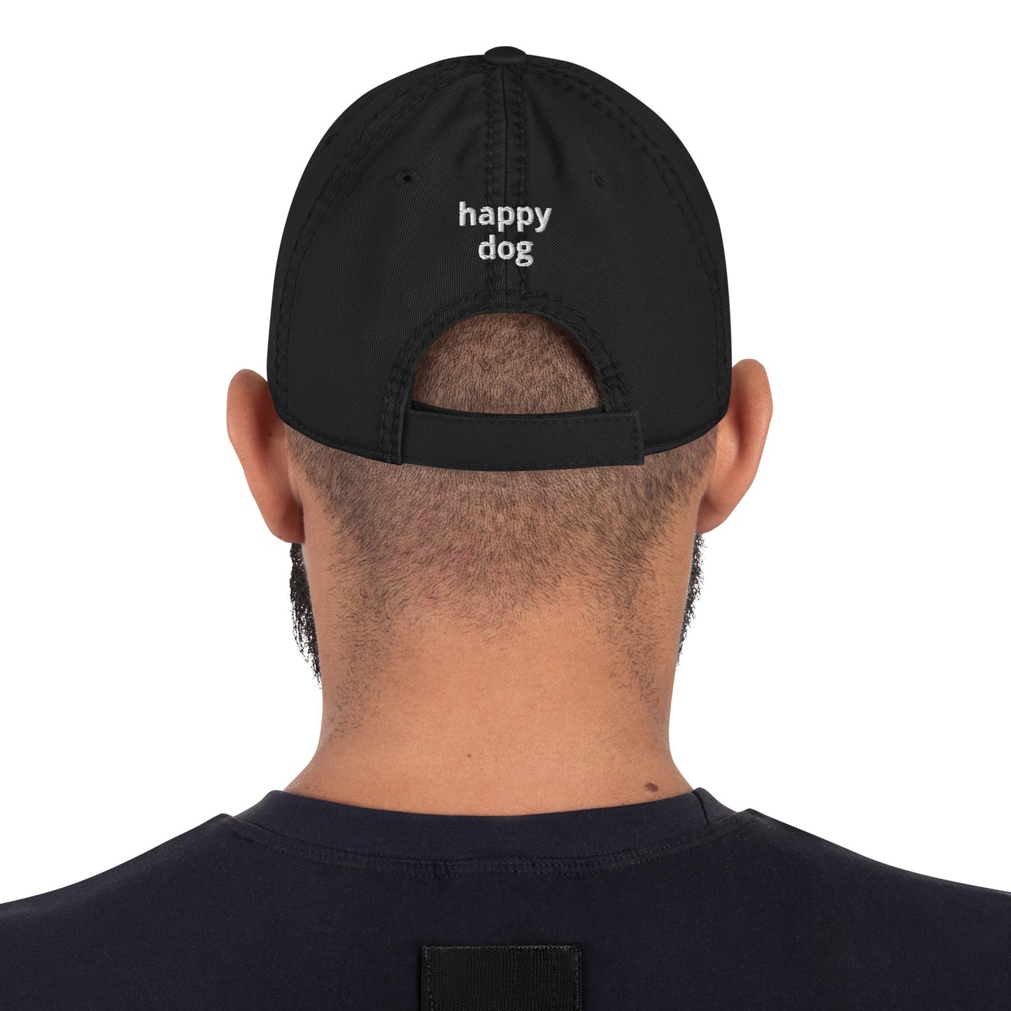 "Happy Dog" Distressed Dad Hat, front & back logo