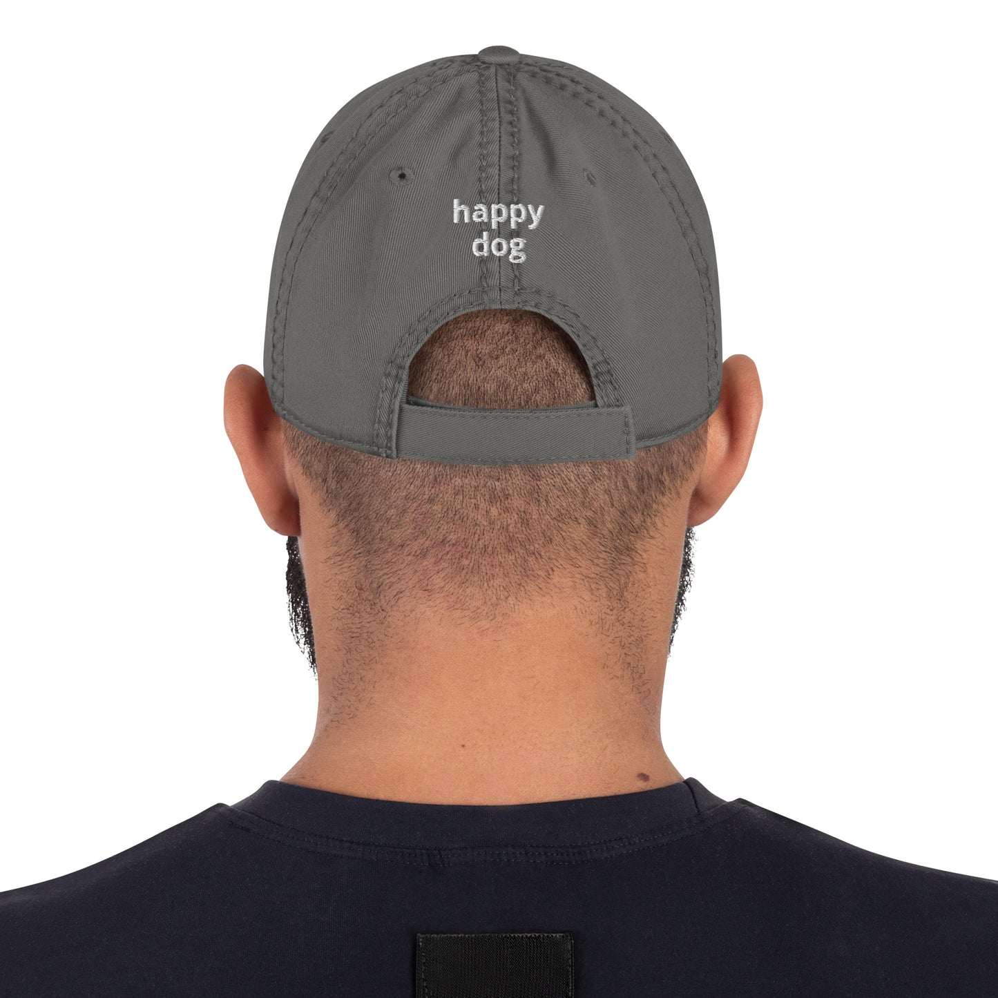 "Happy Dog" Distressed Dad Hat, front & back logo