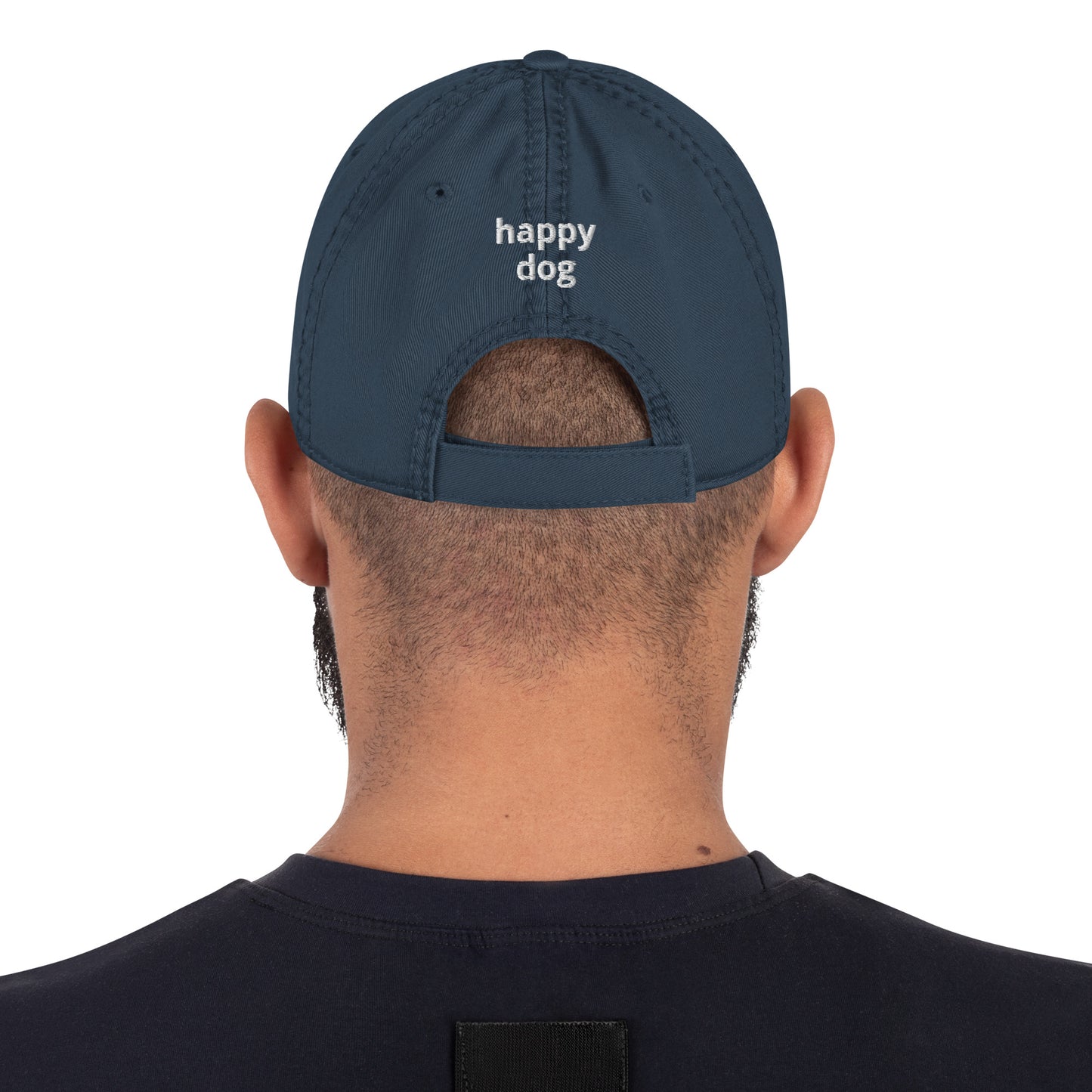 "Happy Dog" Distressed Dad Hat, front & back logo