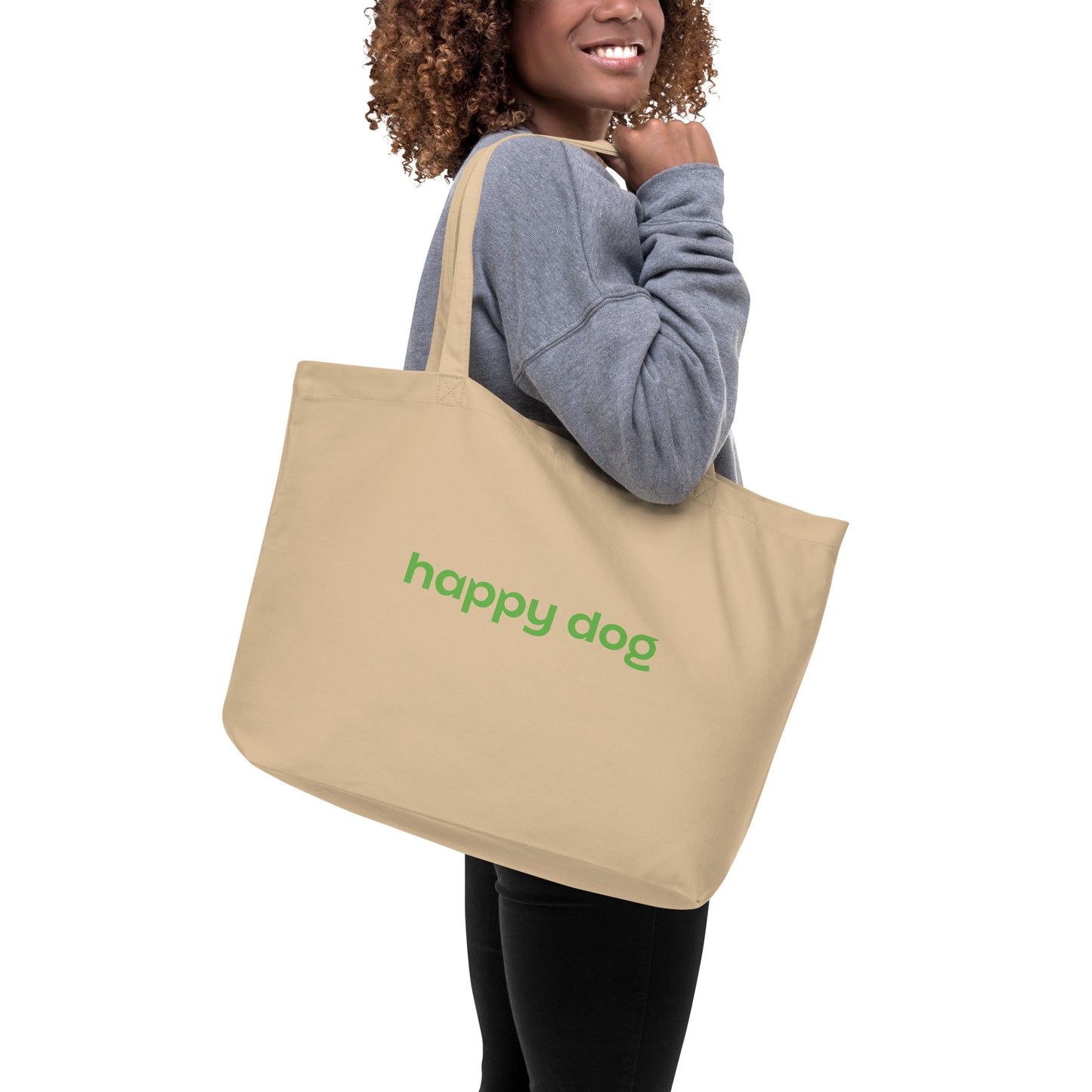 "Happy Dog" Large organic tote bag, green text